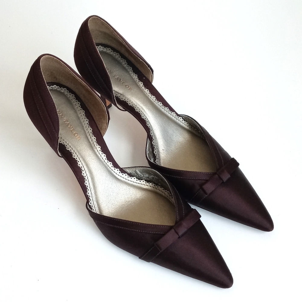 Ann Taylor Elegant Satin Brown Women's Kitten 3” Heels With Bow 8 - Picture 9 of 12